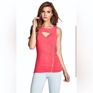 Women’s GUESS sleeveless side-zip ruched bright coral top